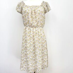 Kaileigh Yellow Purple Floral Square Neck Mini Dress Womens Medium Short Sleeve